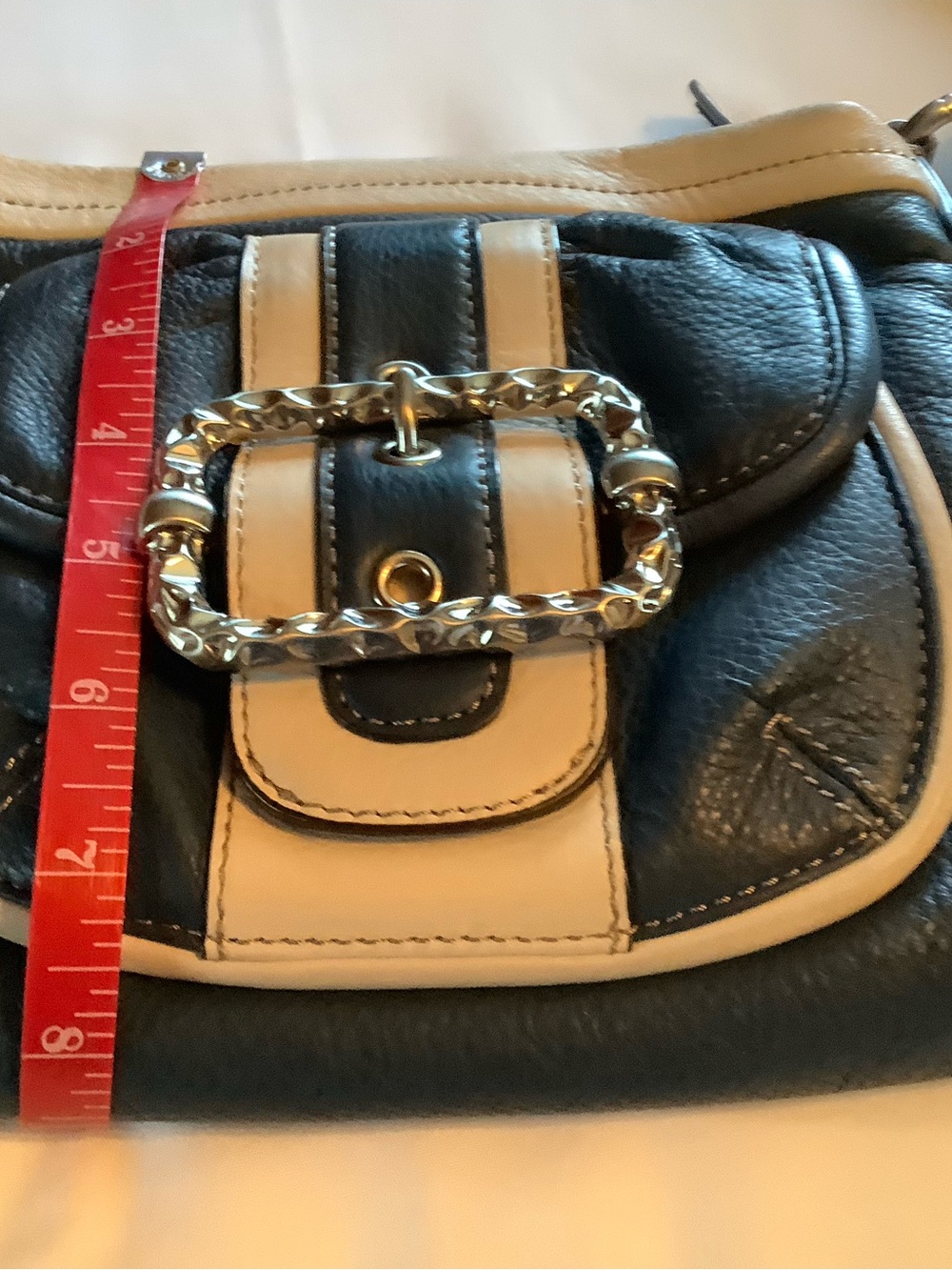 b. makowsky Blue and Cream Leather Shoulder Bag with Decorative Chain Buckle - Picture 9 of 10